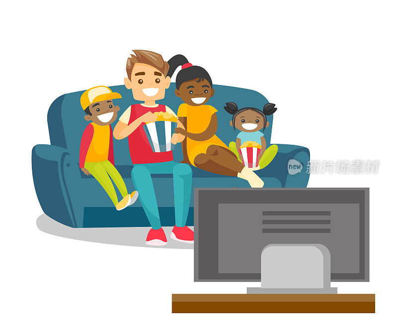 Multiracial family watching television at home